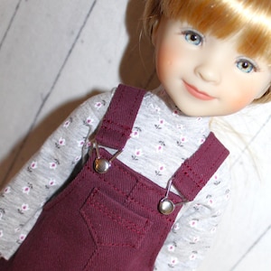 15 Inch Doll (like Ruby Red FF) Maroon Denim Overall Jumper, Gray & Pink Floral Long Sleeve Shirt