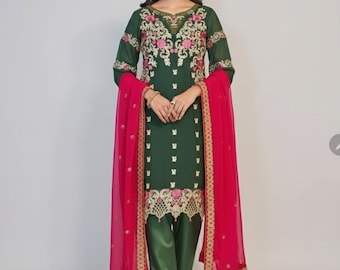 Pakistani dress Embroidered Chiffon , green Readymade Shalwar Kameez, eid wear ethnic pearls red duppatta