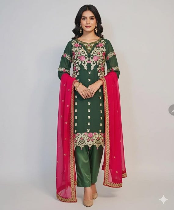red and green dress pakistani Red Pakistani Style Cotton Salwar Suits Set – Stilento main image 1