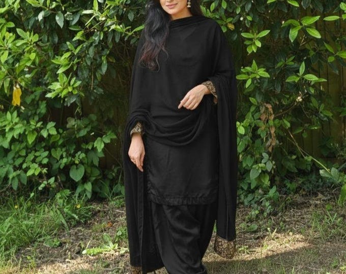 Featured listing image: Pakistani Farshi Shalwar Kameez silk with jamawar border button details ethnic wear for women
