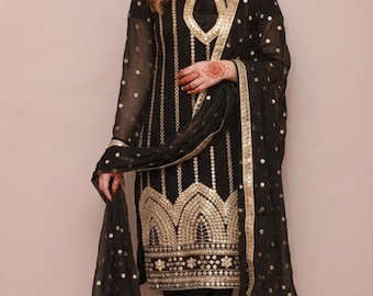 PAKISTANI DRESS, Black Salwar Kameez, gold mirror foil work embroidered  chiffon eid wear for women
