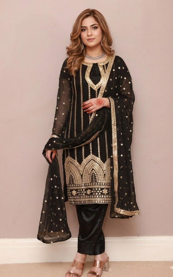PAKISTANI DRESS, Black Salwar Kameez, Gold Mirror Foil Work Embroidered  Chiffon Eid Wear for Women - Etsy