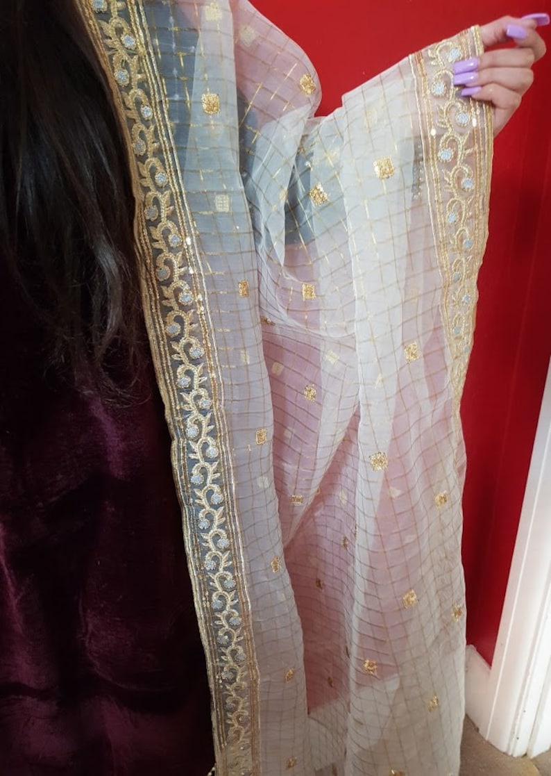 Puede incluir: Un dupatta blanco de gasa transparente con un borde bordado en oro y plata. El dupatta tiene un patr&oacute;n de cuadr&iacute;cula y est&aacute; decorado con peque&ntilde;as lentejuelas doradas.
