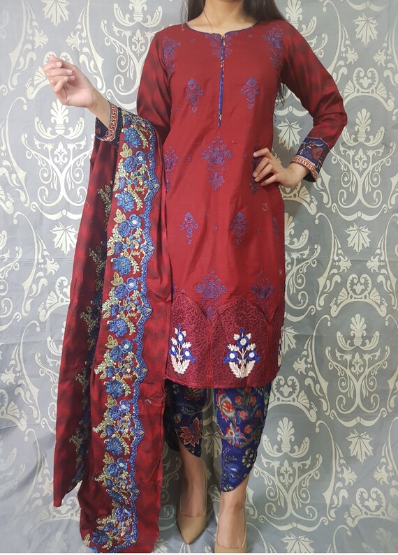 designer Linen Suit Embroidered stitched Pakistani Indian salwar kameez 2020 