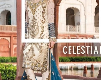 Pakistani designer dress salwar kameez beige chiffon embroidered ethnic women wear eid outfit