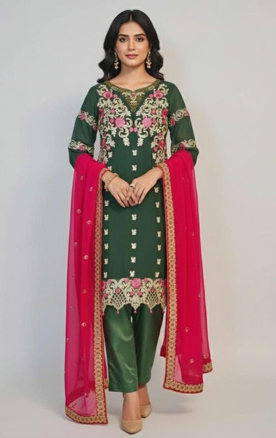 red and green pakistani dresses Red Aari Embroidered Lawn