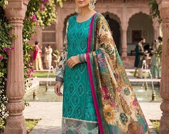 Indian Dress, Ready Made Shalwar Kameez pakistani dresses eid wear green embroidered chiffon duppatta