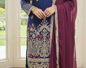 Pakistani dress gold embroidered chiffon salwar kameez jamawar trousers party eid wear
