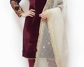 Pakistani winter Embroidered Velvet Salwar Kameez Maroon ethnic wear dress for women