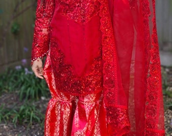 Red Pakistani Garara Dress, Embroidered Net Shawl, Readymade Suit