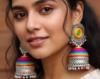 Boho Rainbow Jhumka Earrings | Handmade Oxidized Silver Indian Jewelry