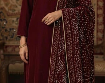 Pakistani winter wear Chunri Velvet Shawl | Sequin Wedding Dupatta Scarf for women