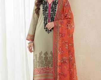 Pakistan Kleid Bestickte Rasen Shalwar Kameez mit Chiffon Schal Sommerrasen eid ethnische Abnutzung für Frauen