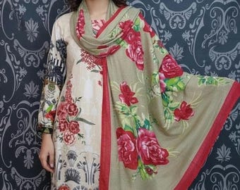 パキスタン民族衣装　エレガント刺繍　Luxuryローン　アイボリーセピア3ピース パキスタンの冬服、刺繍入りリネンサルワールカミーズスーツ、ウール