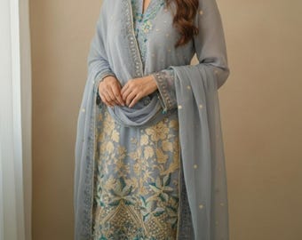 Pakistanischen Anzug Chiffon shalwar kameez bestickt ethnischen Verschleiß für Frauen und Geschenke