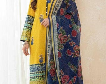 Pakistani dress yellow lawn embroidered suit salwar kameez ethnic wear for women