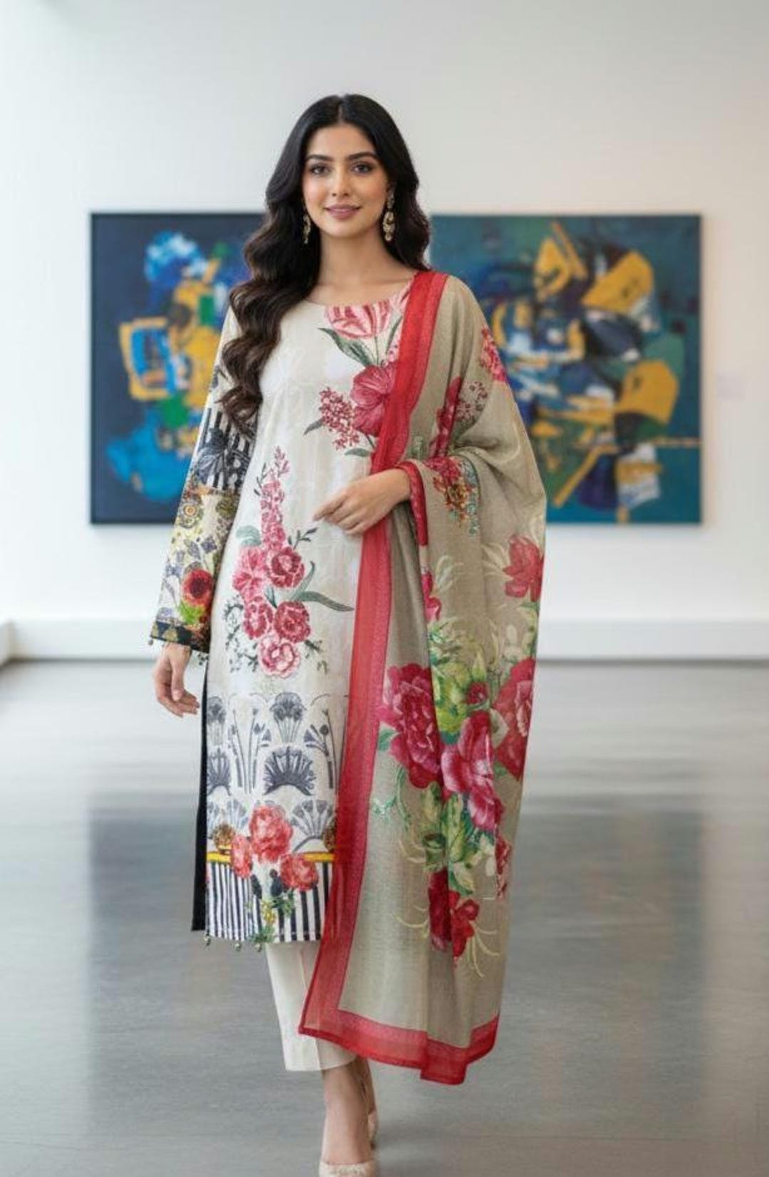 パキスタンの冬服、刺繍入りリネンサルワールカミーズスーツ、ウール