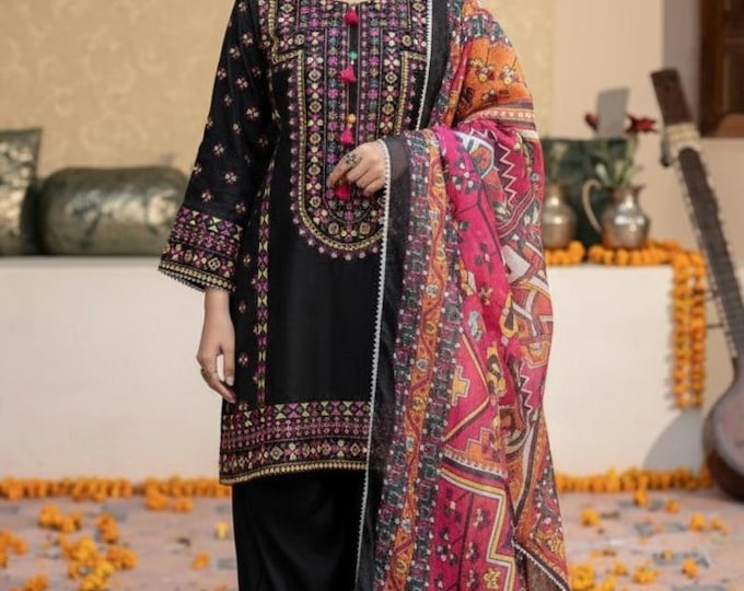 Featured listing image: Pakistani Farshi Shalwar Suit embroidered balochi style black cotton