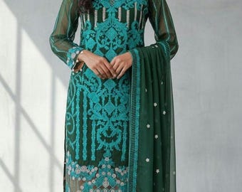 Pakistani Embroidered Net Pakistani Dress, Readymade Shalwar Kameez green ethnic  wear  for eid