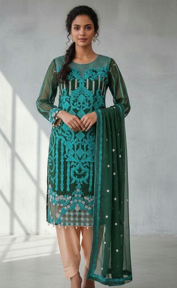 ethnic pakistani dresses Pakistani Embroidered Net Pakistani Dress, Readymade Shalwar Kameez green ethnic wear for eid