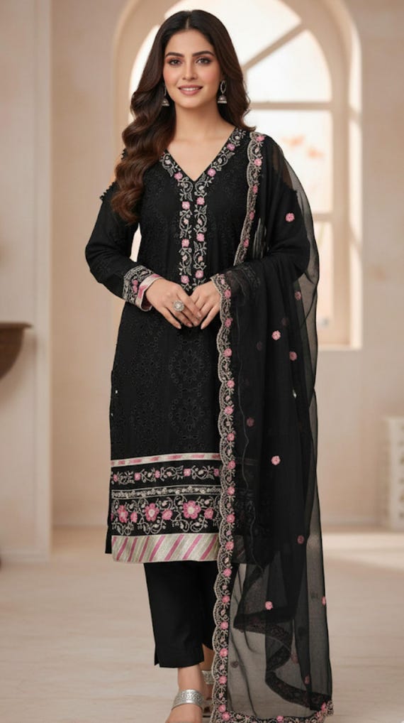 Black Colour Pakistani Dresses Pakistani Dress, Embroidered Black Lawn  Salwar Kameez Suit, Ethnic Wear Eid Outfit