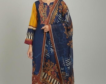 Vestido pakistaní bordado de césped Shalwar Kameez, ropa étnica para mujeres, duppatta de gasa