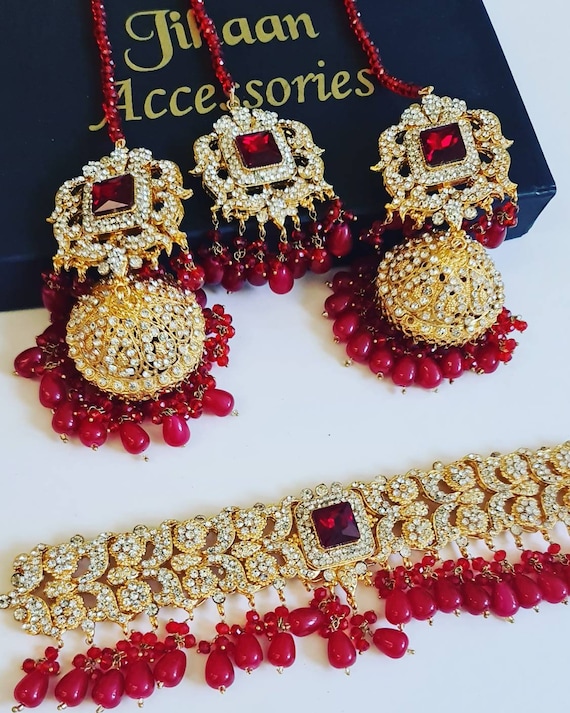 INDIAN JEWELLERY SET, Red Wedding choker, Jhumka, Bridal, Pakistani Jewelry
