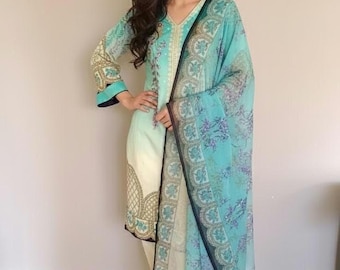 Pakistani clothes Embroidered Lawn Salwar Kameez, Pakistan Dress, Chiffon Scarf