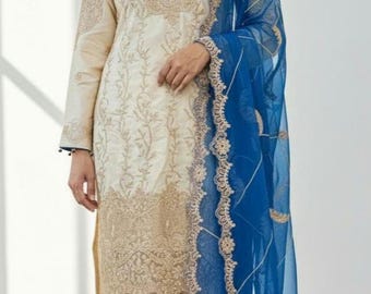 Pakistanische Kleid Bestickter Salwar Kameez Anzug : Leinen mit Chiffon Schal ethnische Abnutzung für Frauen