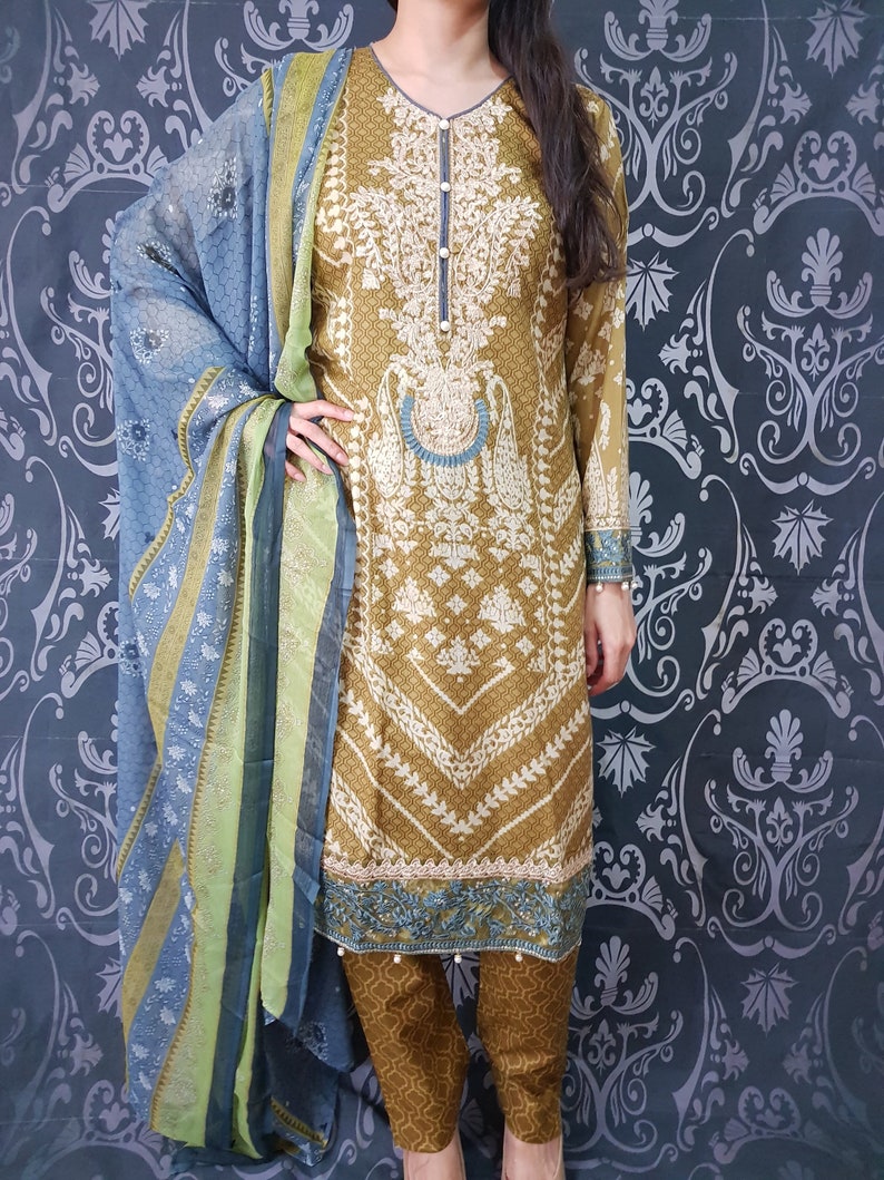 Indian Pakistani Printed Chiffon Suit Casual Stitched Shalwar Kameez Salwar