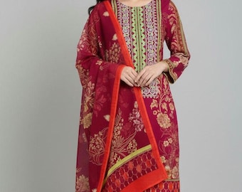 パキスタン民族衣装 刺繍ワンピ ピンク 3点セット パキスタンのドレス、刺繍入りのローンパキスタンサルワールカミーズ