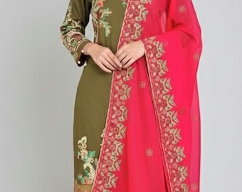 Vestido pakistaní bordado con césped Shalwar Kameez: traje pakistaní con bufanda de gasa, ropa étnica para mujeres