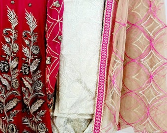 パキスタン民族衣装　エレガント刺繍　Luxuryローン　アイボリーセピア3ピース 見事なパキスタンの伝統衣装 - エレガントでスタイリッシュな