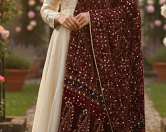 Handmade Pakistani Mirrorwork Dupatta – Gold & Silver Wedding Wrap velvet shawls chunri blockprint winter wear