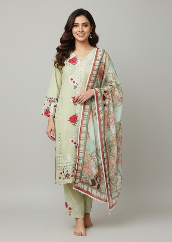 Pakistani dress Embroidered Lawn green Salwar Kameez, Printed Chiffon Scarf, Ready to Wear ethnic Wear for women