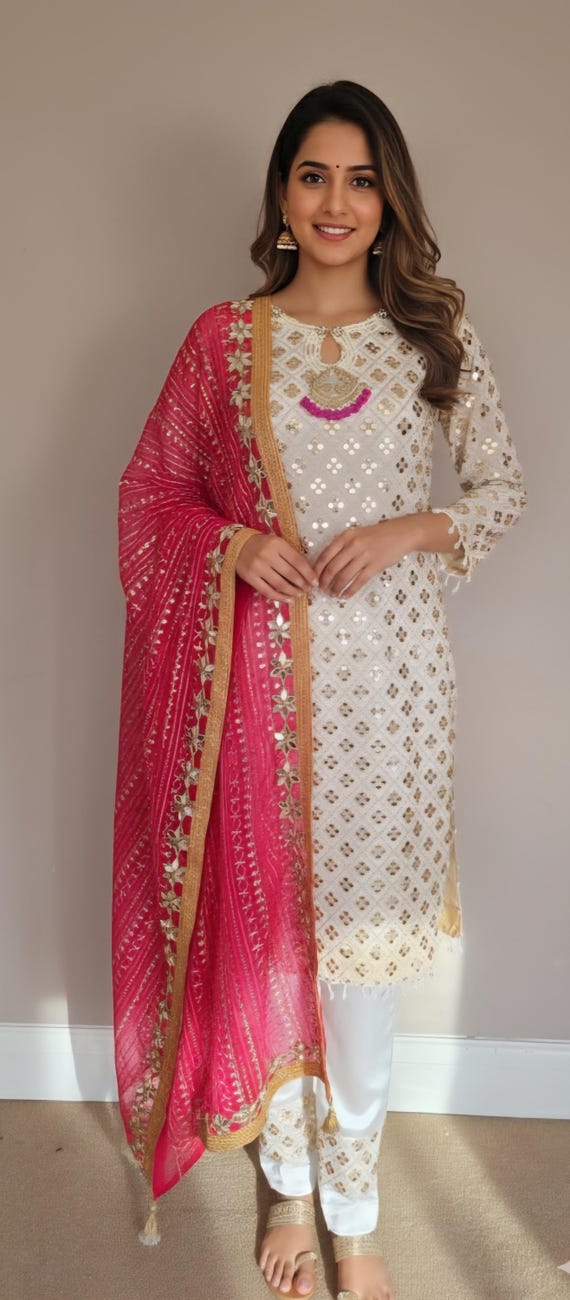 Pakistani Dress, Indian Suit, Party Wear Womens Ethnic Wear Chiffon Embroidered White Salwar Kameez