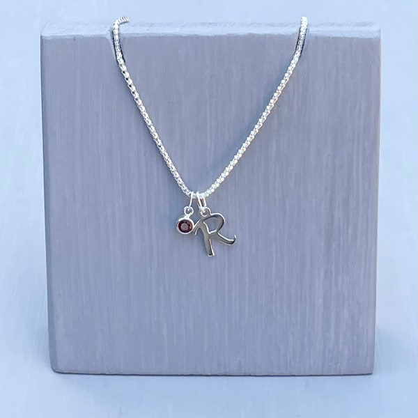 Sterling Silver Initial Personalised Birthstone Necklace - Letter R