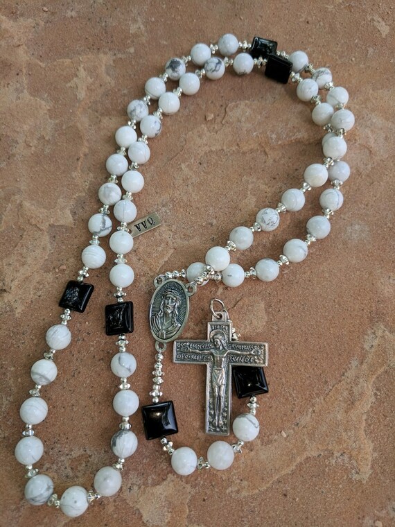 SOLD Howlite, Onyx and Sterling Silver Rosary SOLD