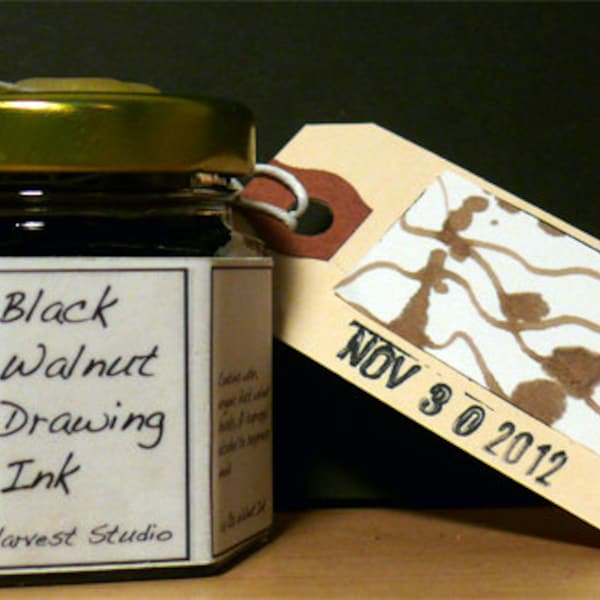 Artisan Black Walnut Drawing Ink, small 1.5 oz or large, 4 oz. Luminous, light fast. Not permanent. Can lift and soften with dry brush.
