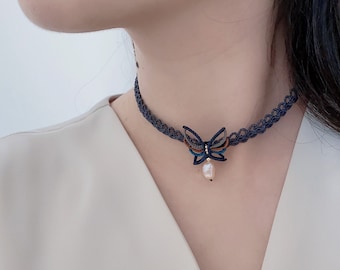 Macrame Choker//Real Pearl Necklace/Macrame Necklace/ Baroque pearls/Lace choker/Butterfly Necklace