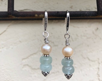 Aquamarine earrings/sterling silver earrings/ pearl and aquamarine earrings/March birthstone/gemstone earrings/Gift for Her