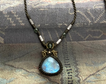 Macrame Moonstone Necklace, Thai Silver Beads, Adjustable Choker