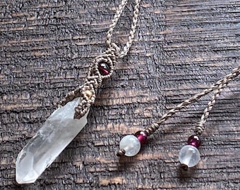 Macrame Clear Quartz Necklace with Garnet: Woven Crystal Point Pendant