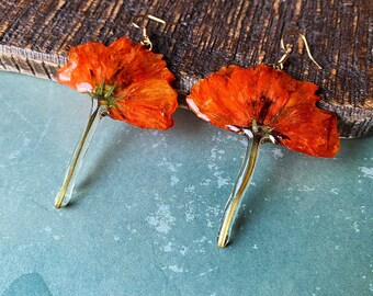 pressed orange poppy earrings,Dried flower handmade resin earrings,botanical earrings, special gifts for her