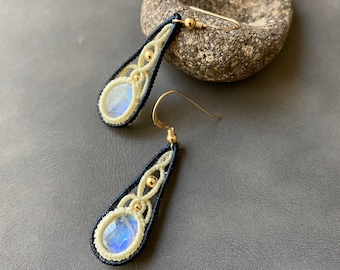 Macrame Moonstone Earrings: Delicate 14k Gold Filled Beads