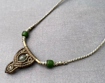 Macrame Labradorite Choker: Woven Wax Cord Necklace, Sterling Silver Beads