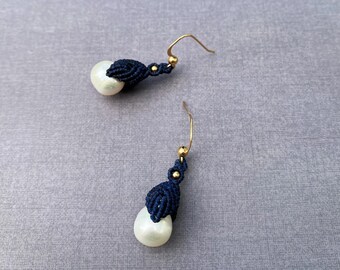 Macrame Pearl Drop Earrings: Braided Wax Cord, Gold Filled