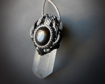Macrame Quartz Point Necklace: Black Obsidian & Sterling Silver