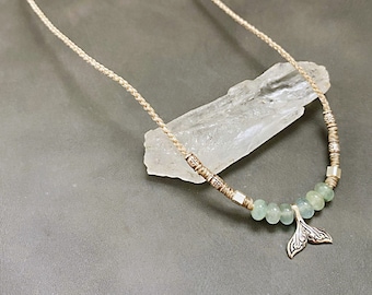 Macrame Aquamarine Necklace: Sterling Silver Mermaid Tail, Beaded Braided Design