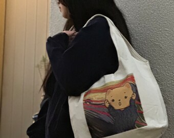Art Print Canvas Tote Bag: Munch Cat Parody, Eco Shopping Bag